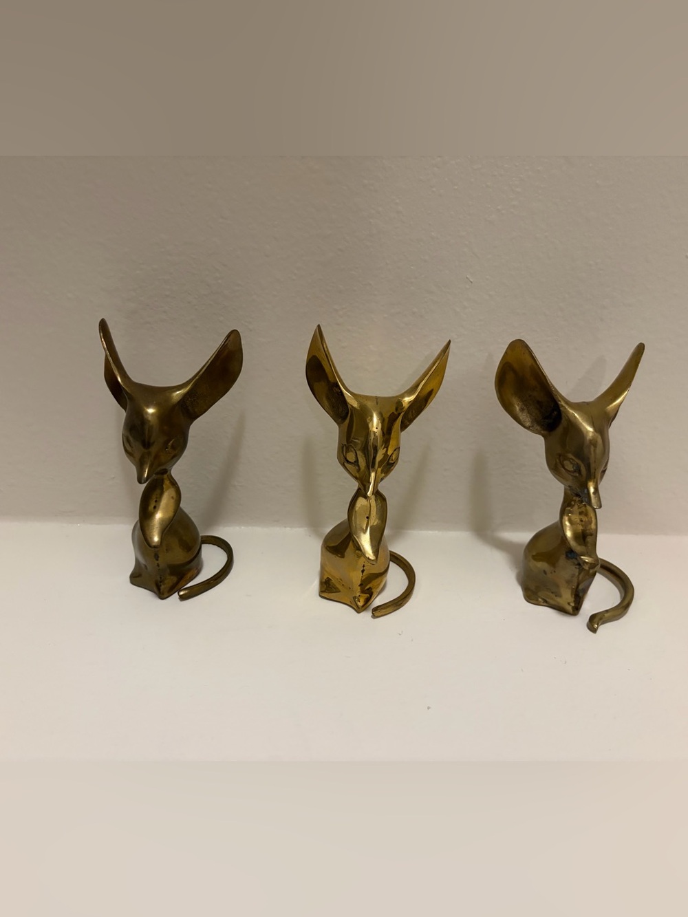 Vintage MCM 3 Brass Mouse Figurines Big Ears 5” Mid Century  Paperweights Korea